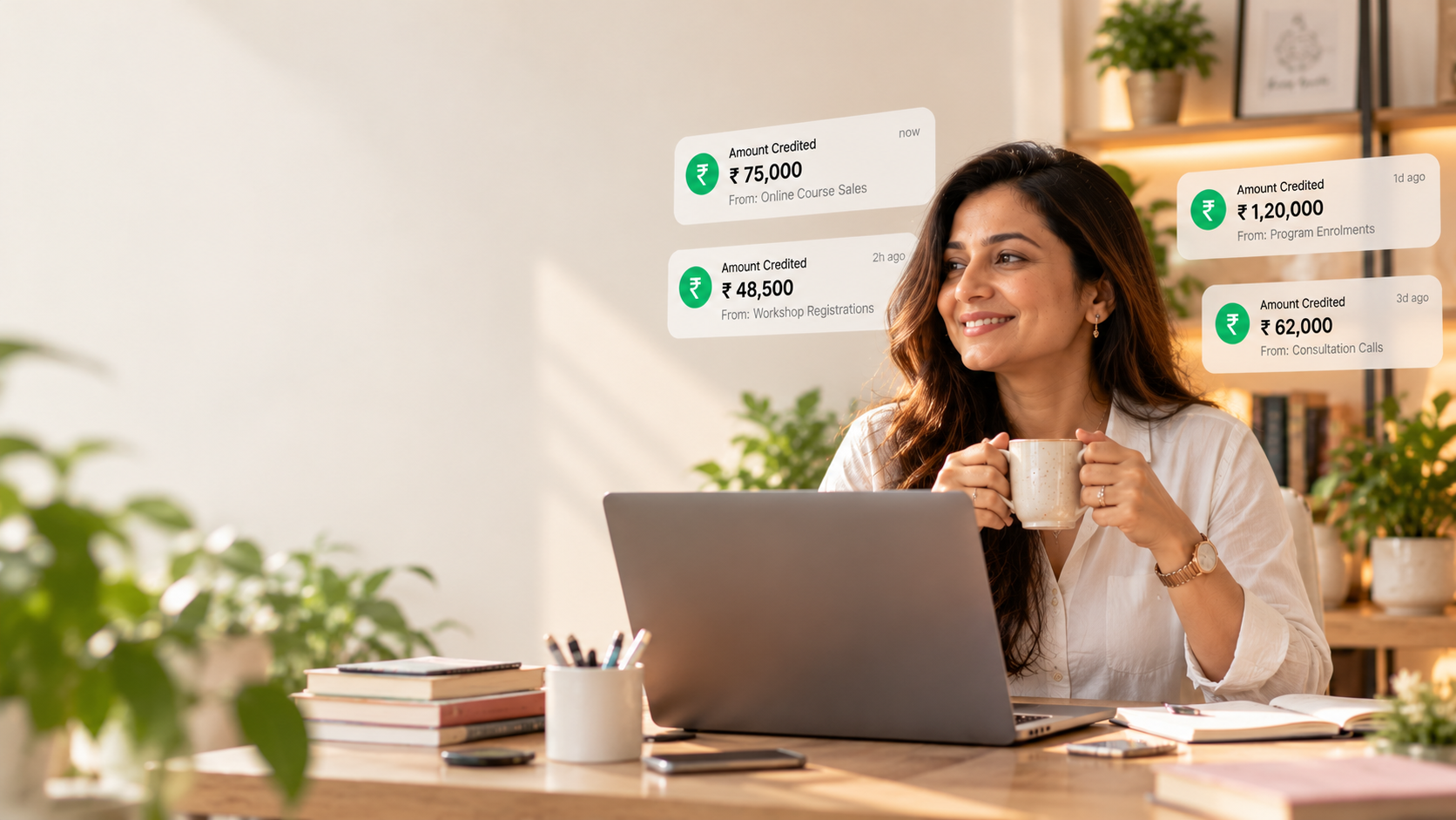 Indian woman at her laptop, with illustrative income notification graphics