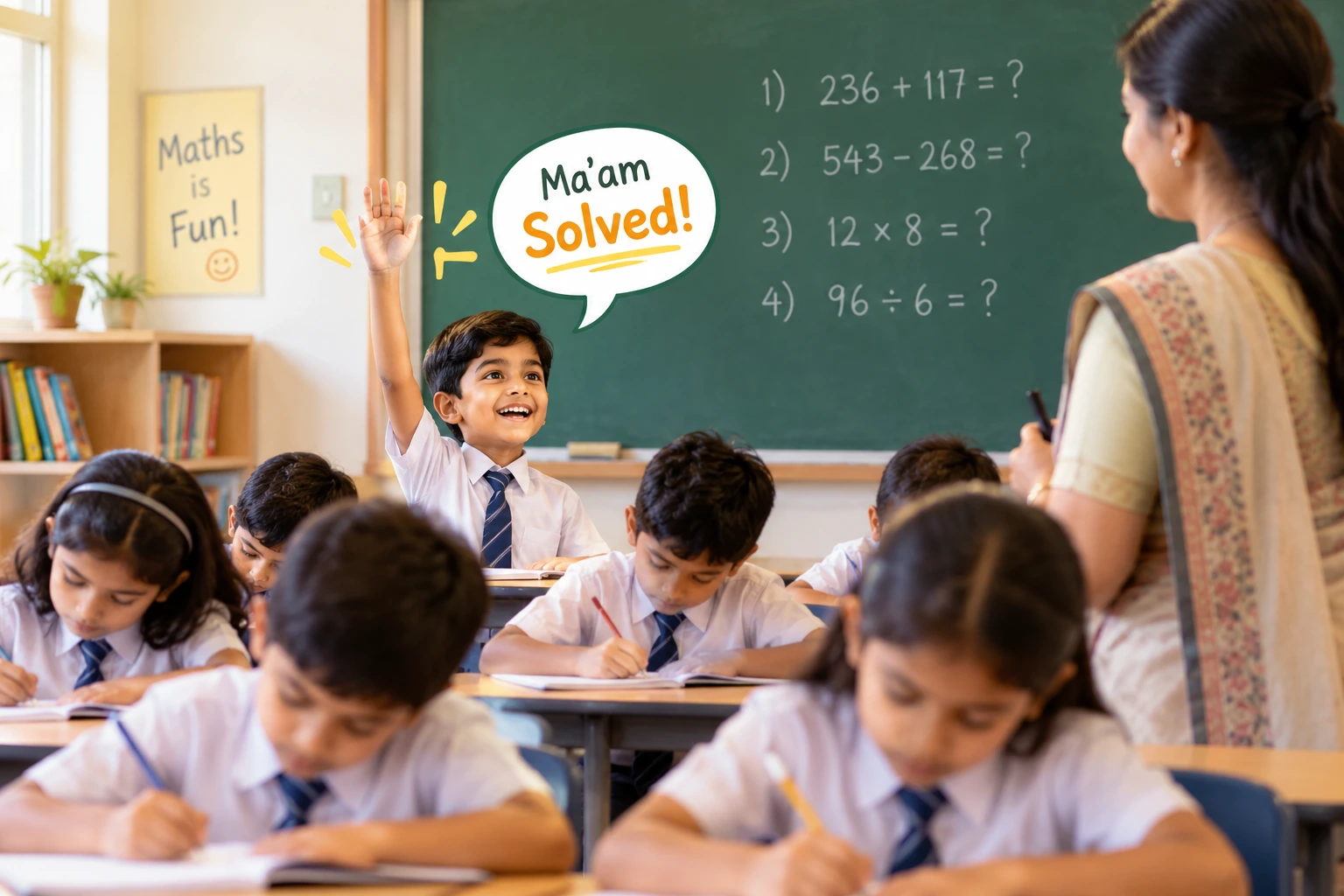 A student raising his hand in a maths classroom