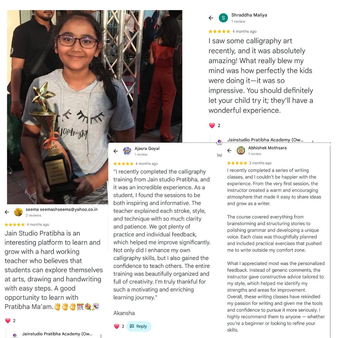 Google review excerpts and a student holding an award.